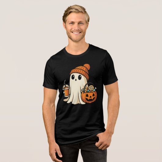 Cute Ghost with Candy & Pumpkin Drink Tri-Blend Shirt (Voorkant volledig)