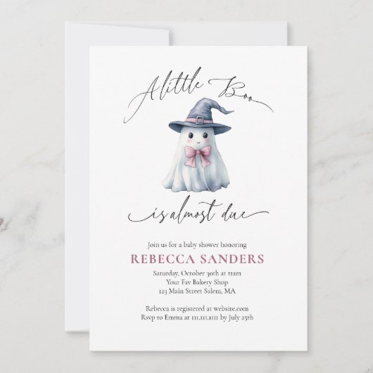 Cute Ghost with Pink Bow & Witch Hat Baby Shower Kaart (Voorkant)