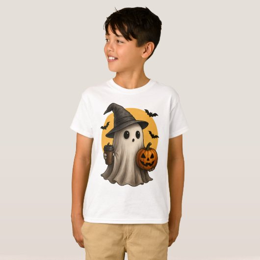 Cute Ghost with Pumpkin Halloween T-Shirt 👻 (Voorkant volledig)