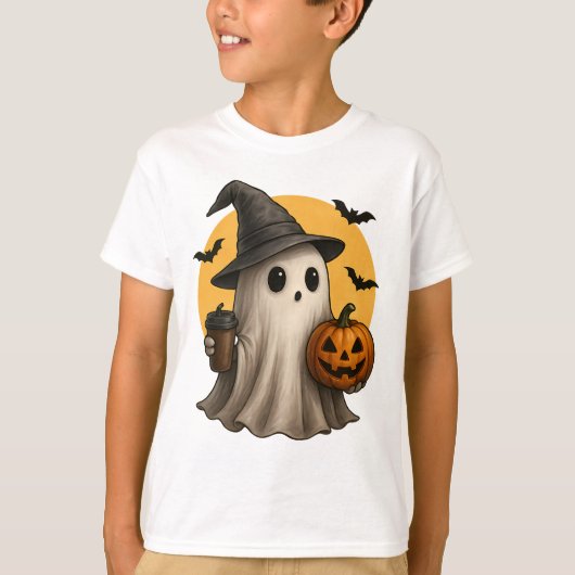 Cute Ghost with Pumpkin Halloween T-Shirt 👻 (Voorkant)