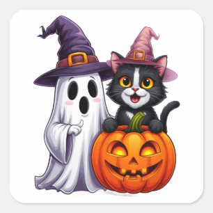 Cute Ghost Zwarte Kat Pompoen Halloween T-shirt 🎃 Vierkante Sticker