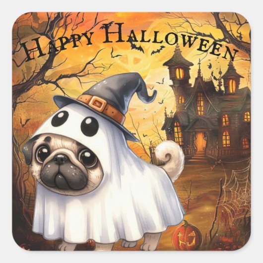 Cute Ghostie Mops Customizable Halloween Vierkante Sticker (Voorkant)