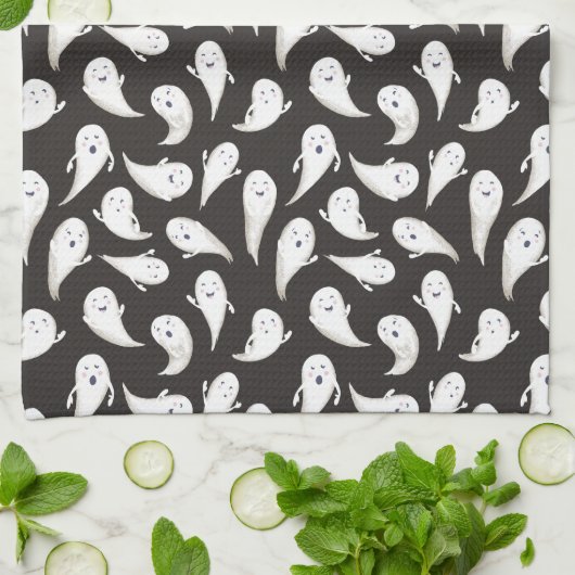 Cute Ghosts Black Halloween Kitchen Towel Theedoek (Gevouwen)