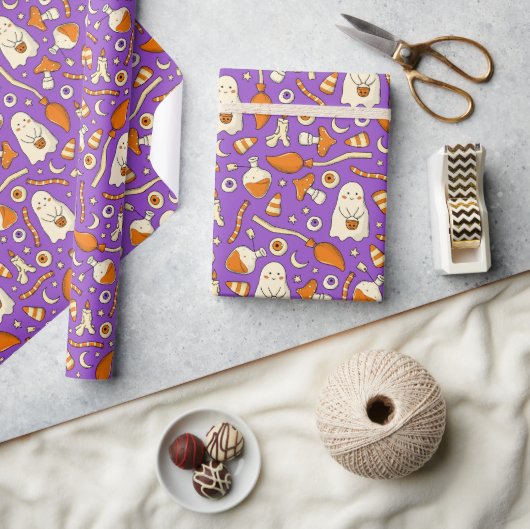 Cute ghosts Halloween Elegant purple Orang Cadeaupapier (Crafts)