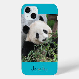 Cute Giant Panda, Blue Background, Custom Name iPhone 15 Mini Hoesje