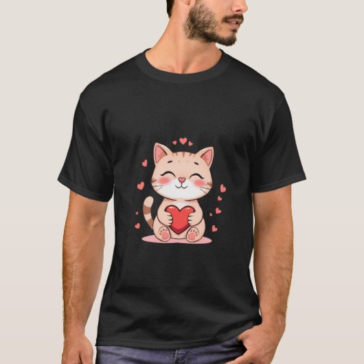 Cute Ginger Cat Hugging Red Heart Love Art ✨🐾❤️ T-shirt (Voorkant)