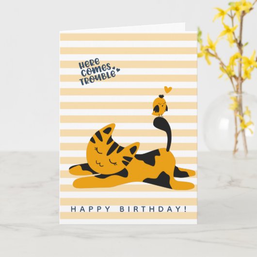 Cute Ginger Cat - Kinderen Birthday Kaart (Gele Bloem)