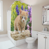 Cute Ginger Cat Kitten Flowery Garden Portrait Tub Douchegordijn (In situ)