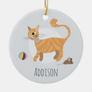 Cute Ginger Cat Paw Print Happy Holiday Keramisch Ornament