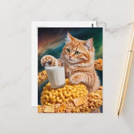 Cute Ginger Cat With Milk in Space Briefkaart (Voorkant / Achterkant in situ)