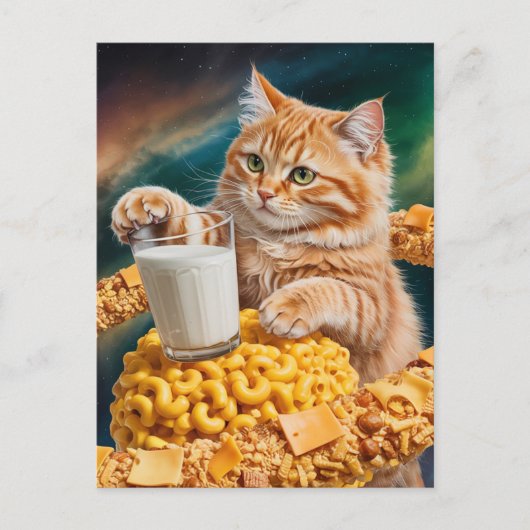 Cute Ginger Cat With Milk in Space Briefkaart (Voorkant)