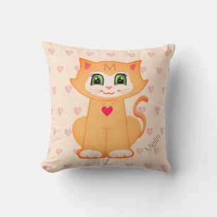 Cute Ginger Kitty Cat Cartoon & Harten op koraal Kussen
