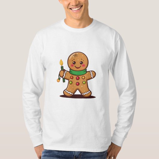 Cute Gingerbread Cookie Holding Christmas Light T-shirt (Voorkant)
