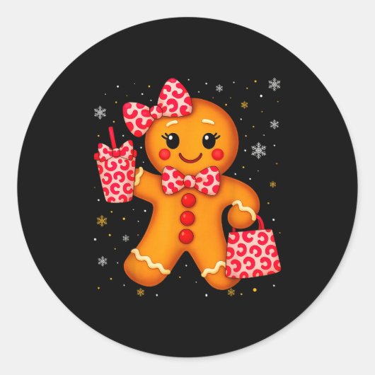 Cute Gingerbread Leopard Bow Christmas Xmas Girl W Ronde Sticker (Voorkant)
