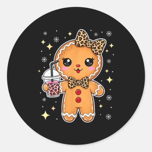 Cute Gingerbread Leopard Coquette Christmas Xmas G Ronde Sticker (Voorkant)