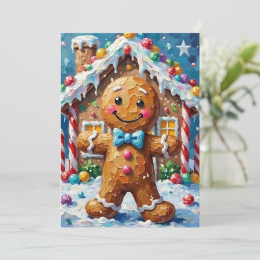 Cute Gingerbread Man Cheerful Christmas Cookie Art Feestdagenkaart (Staand voorkant)