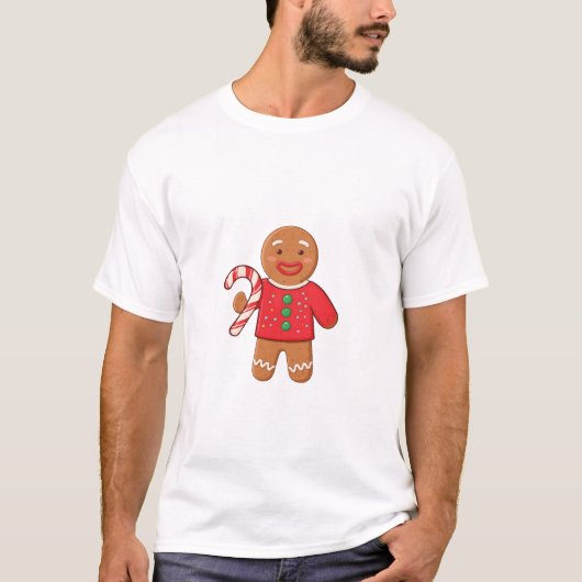 Cute Gingerbread Man Holding Candy Cane Christmas T-shirt (Voorkant)