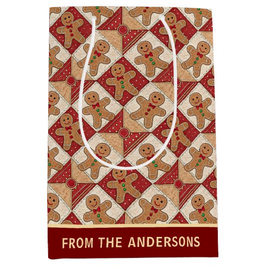Cute Gingerbread Man Patchwork Pattern Custom Medium Cadeauzakje (Voorkant)