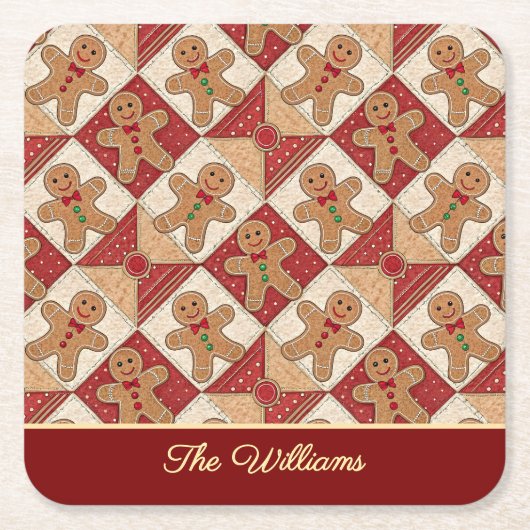 Cute Gingerbread Man Patchwork Pattern Style Kartonnen Onderzetters (Voorkant)
