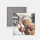 Cute Gingerbread Man with Candy Cane Magnet (Voorkant / Achterkant)