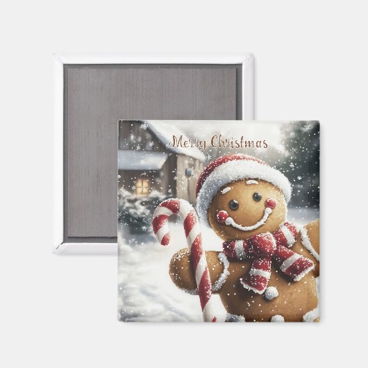 Cute Gingerbread Man with Candy Cane Magnet (Voorkant / Achterkant)