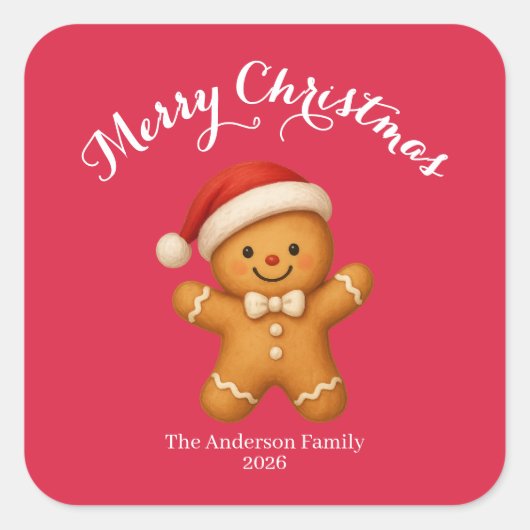 Cute Gingerbread Man with Santa Hat -  Vierkante Sticker (Voorkant)