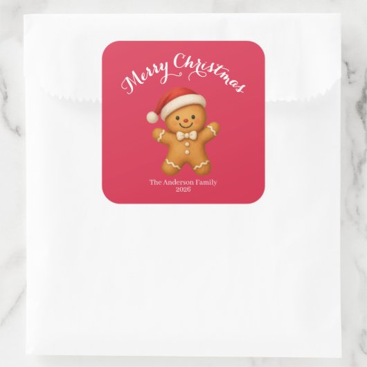Cute Gingerbread Man with Santa Hat -  Vierkante Sticker (Tas)