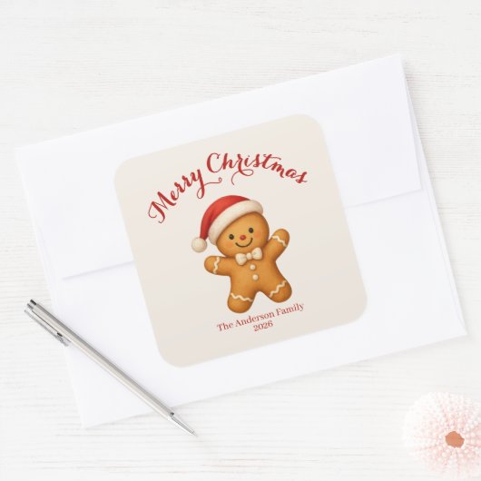 Cute Gingerbread Man with Santa Hat -  Vierkante Sticker (Envelop)