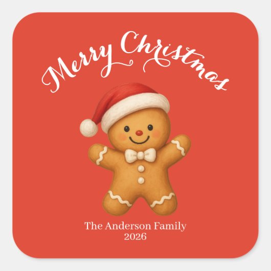 Cute Gingerbread Man with Santa Hat - Vierkante Sticker (Voorkant)