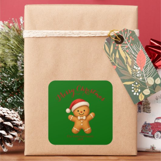Cute Gingerbread Man with Santa Hat -  Vierkante Sticker (Feestdagen)