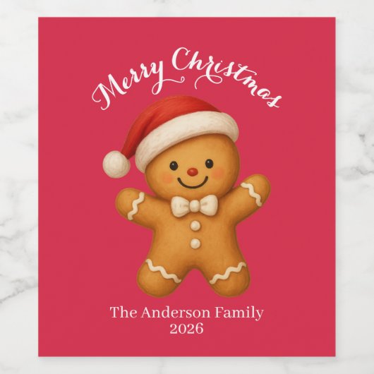 Cute Gingerbread Man with Santa Hat -  Wijn Etiket (Enkel label)
