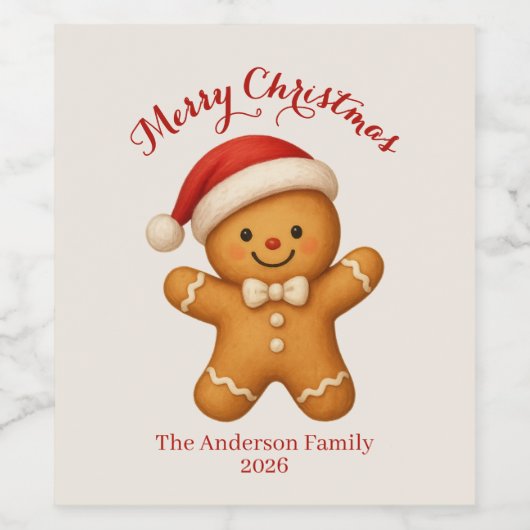 Cute Gingerbread Man with Santa Hat -  Wijn Etiket (Enkel label)