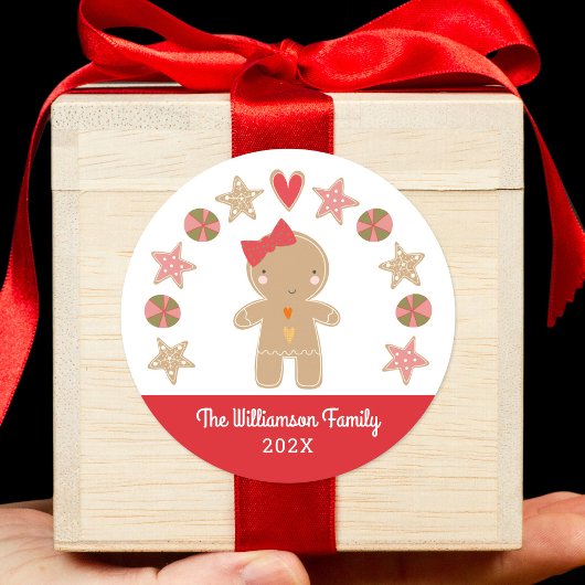 Cute Gingerbrood Girl Kerstfeestdag Cookie Red Ronde Sticker