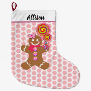 Cute Gingerbrood Girl Pink Polka Dots Personalized Grote Kerstsok