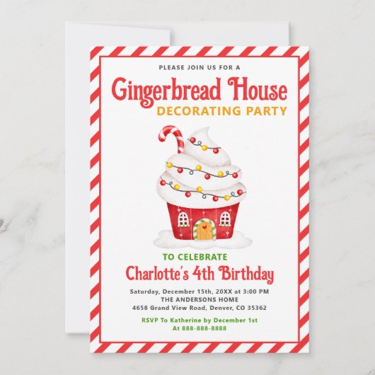 Cute Gingerbrood House Candy Cane Birthday Party Kaart (Voorkant)
