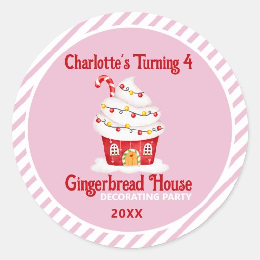 Cute Gingerbrood House Candy Cane Pink Birthday Ronde Sticker (Voorkant)