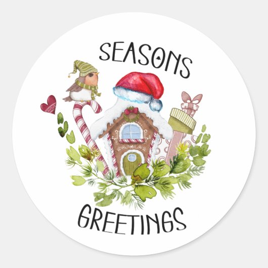 Cute Gingerbrood House Seasons Greetings Kerstmis Ronde Sticker (Voorkant)