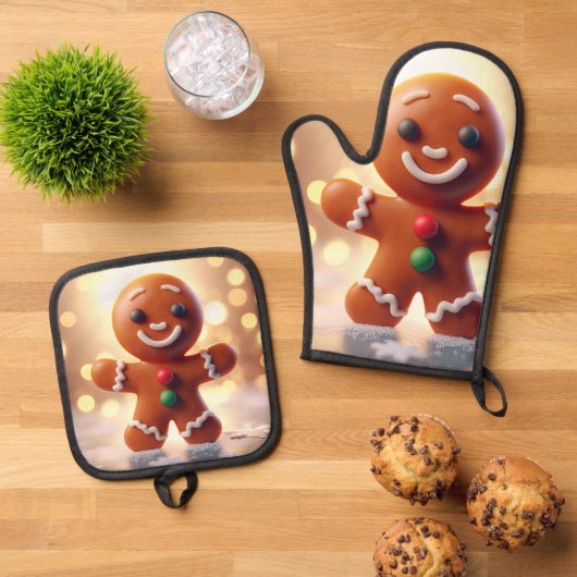 Cute gingerbrood koekje ovenwant & pannenlap set (Top down)