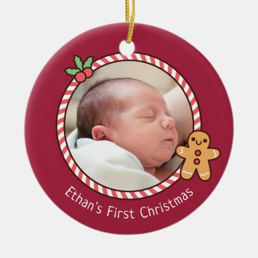 Cute Gingerbrood Man Baby's Eerste Kerstfoto Keramisch Ornament (Voorkant)