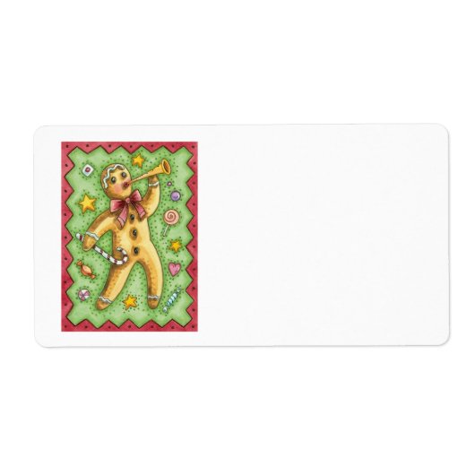 Cute Gingerbrood Man Bbladerhorn, kerstSnoep Etiket (Voorkant)