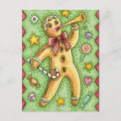 Cute Gingerbrood Man Bbladerhorn, kerstSnoep Feestdagenkaart (Voorkant)