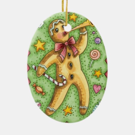 Cute Gingerbrood Man Bbladerhorn, kerstSnoep Keramisch Ornament (Achterkant)