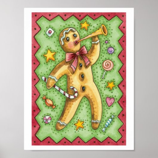 Cute Gingerbrood Man Bbladerhorn, kerstSnoep Poster (Voorkant)
