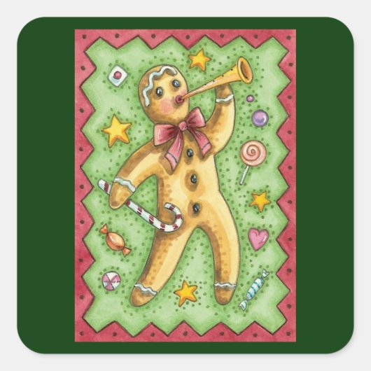 Cute Gingerbrood Man Bbladerhorn, kerstSnoep Vierkante Sticker (Voorkant)