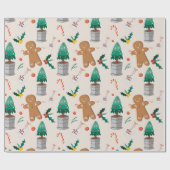 Cute Gingerbrood Man Candy Cane Kerstmis Cadeaupapier (Vlak)