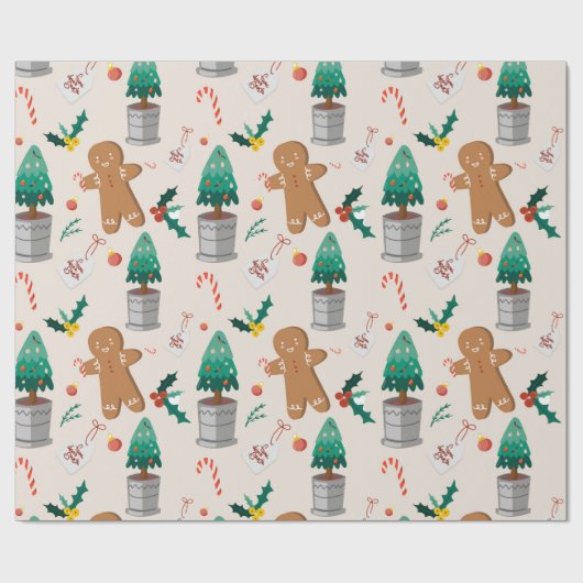 Cute Gingerbrood Man Candy Cane Kerstmis Cadeaupapier (Vlak)