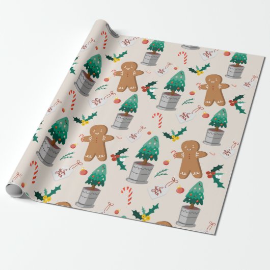 Cute Gingerbrood Man Candy Cane Kerstmis Cadeaupapier (Uitgerold)