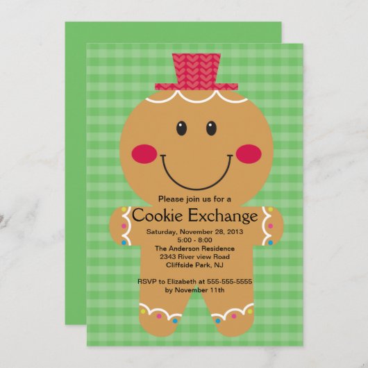 Cute Gingerbrood Man Cookie Exchange Invitation Kaart (Voorkant / Achterkant)
