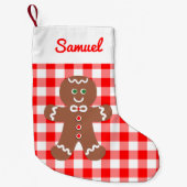 Cute Gingerbrood Man Red Gingham Monogram Kleine Kerstsok (Voorkant)