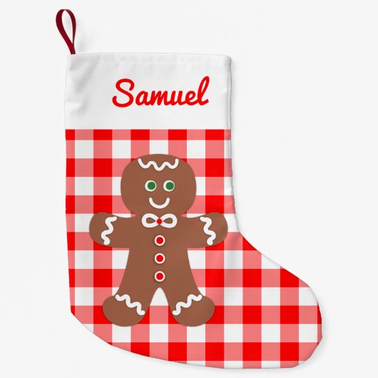 Cute Gingerbrood Man Red Gingham Monogram Kleine Kerstsok (Voorkant)